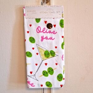 Olive you kitchen towels martini glass olive design hearts cotton cloths gift